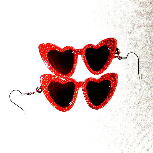 Glitter Red Heart Shaped Sunglasses Earings